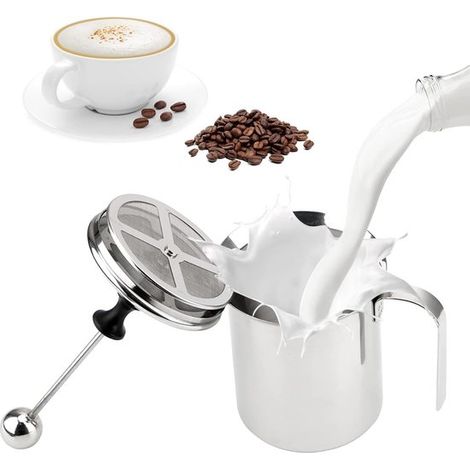 Espumador de leche manual de acero inoxidable con doble malla, 800 ml, para preparar café, capuchino y espuma de leche, 20 x 10 x 9,5 cm (1/5)