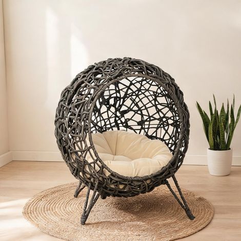 Panier en rotin pour chat avec coussin 52 x 58 cm gris doux (1/5)