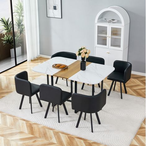 Conjunto de mesa y sillas de 7 piezas, blanco y madera, con 6 sillas de PU OKMYHOME (1/5)