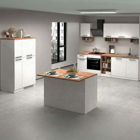 Dmora - Cucina completa Armend, Set con dispensa, Mobile per cucinotto, Kit blocco con isola e portafrigo, 100% Made in Italy, Bianco lucido e Rovere
