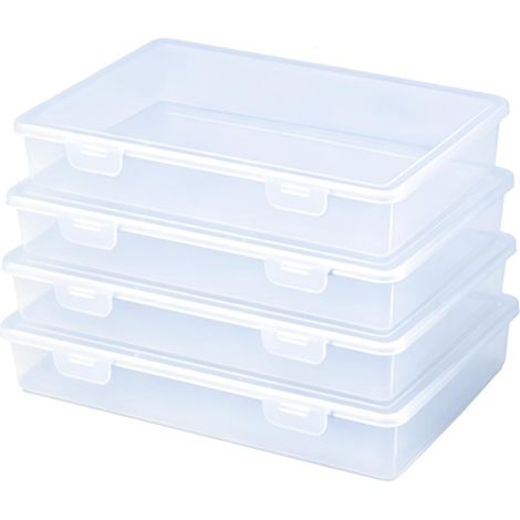 Lot de 4 boîtes de rangement rectangulaires en plastique transparent avec couvercle à charnière, pour papiers et fournitures de bureau (Blanc, 19 x 9,3 x 3 cm)