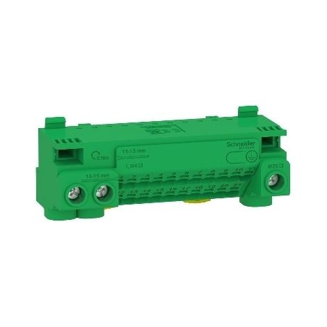 Schneider Electric – Bornier terre 63A – Connexion sans vis pour 21x1,5² à 4² – Vis 3x6² à 25² – 1 terre avec 24 départs – Pour installations électriques