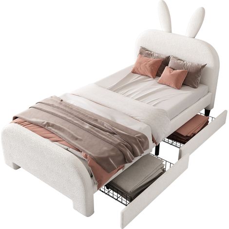 Lit enfant 90x200 lit forme lapin, lit capitonné blanc avec 2 tiroirs de rangement, design ludique et doux pour chambre d'enfant. (1/5)