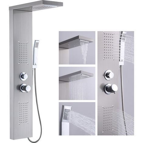 Colonne de Douche Hydromassante 4 en 1, Panneau de Douche Murale avec Effet Pluie, Cascade et Jets de Massage, Système Multifonction Inox (1/5)