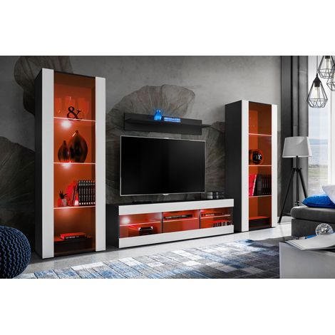 Komodee Ensemble de Meubles Tivoli Grande, Noir/Blanc, Largeur 250cm x Hauteur 159cm x Profondeur 35cm, LED RGB, 3 étagères, pour Salon, Chambre, Entrée