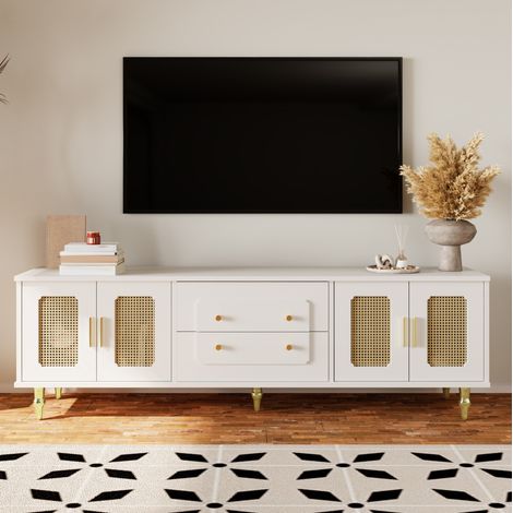 Mueble TV lowboard 175x38x55,5 cm en paneles de madera blanco, con almacenamiento FloraGrace (1/5)
