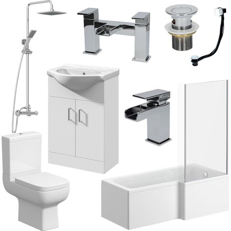 Complete Bathroom Suite L Shaped Bath RH Toilet Vanity Unit Taps (1/5)
