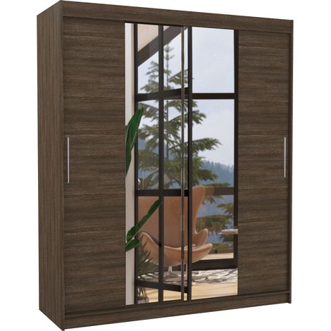 Armoire de chambre à coucher 2 portes coulissantes marron et miroir Dally 180cm (1/5)