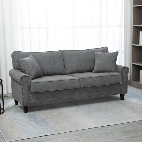 Sofá de 3 Plazas con Tachuelas Oro Envejecido Tapizado en Poliéster con 2 Cojines Decorativos 196x80,5x89 cm Gris (1/5)