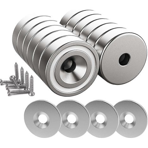12 aimants néodyme de 10 kg de force, 20 x 7 mm, avec trou et capsule, aimant à tête fraisée avec vis et 12 pastilles en acier (argent brillant) (1/4)
