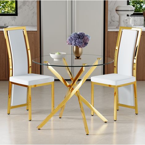 Set tavolo da pranzo rotondo con 2 sedie 88x88x75 cm, vetro temperato, sedute imbottite, metallo, trasparente bianco oro (1/5)
