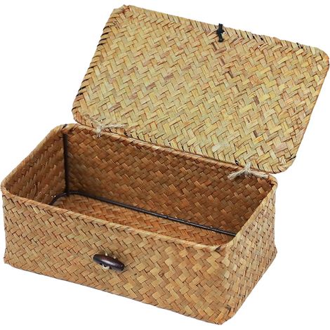 Panier De Rangement En Herbe De Mer - Avec Couvercle - Rectangulaire Tissé À La Main - Pour Cuisine Salle De Bain Bureau - X-Petit (1/5)