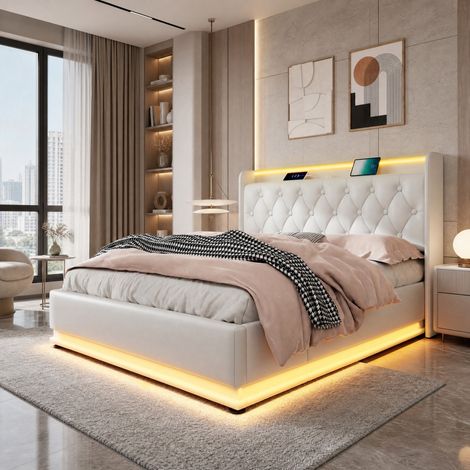 Letto contenitore 160x200 cm in PU bianco con LED e USB, senza materasso – MEUBLIV (1/5)