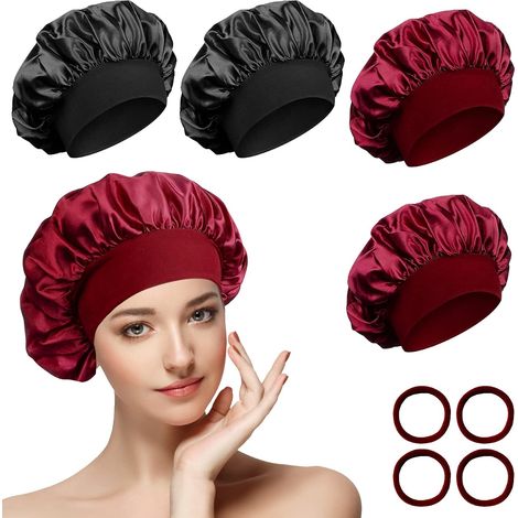 Nachthaube aus Satin – 4er-Pack – Weiches Material – Breites Gummiband – Für langes, lockiges Haar – 32 cm (1/5)