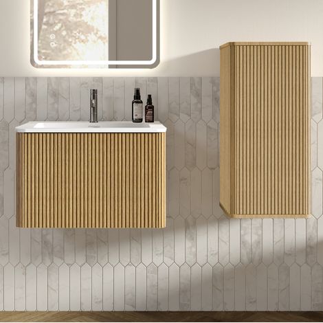 Conjunto de mueble de baño suspendido de 60 cm con lavabo y armario lateral acabado roble OKWISH (1/4)
