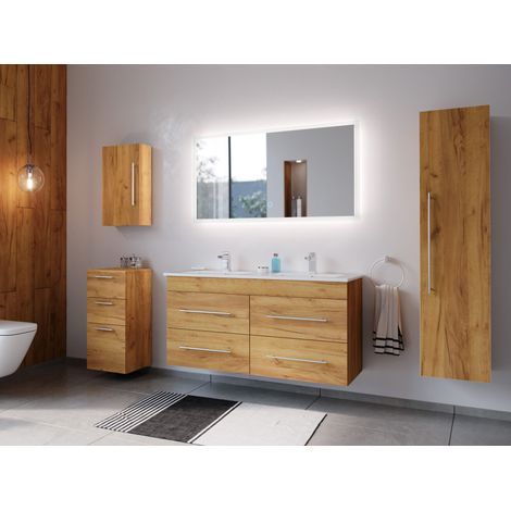 Badmöbelset Helios 5-teilig LED Spiegel Hoch- Seiten- Midischrank eiche gold