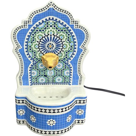 Wasserbrunnen aus Steinzeug Mosaik blau und weiß 29 cm