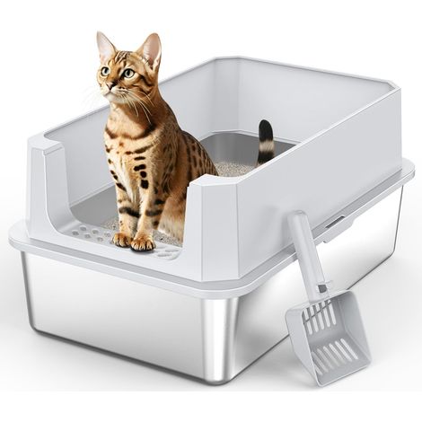 Bac à Litière Chat en INOX XL, Bac Litiere pour Chat 28L Grande Capacité Anti-Fuite à Bords Hauts, Design Ouvert Facile à Nettoyer avec Pelle Incluse, 56.5x36.5x25.5cm (1/5)