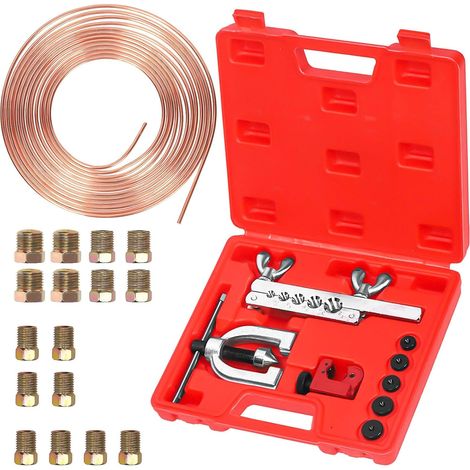 Swpeet 30Pcs in Set Copper Coated Brake Line Kit, Brake Line with Flaring Tool Kit, Includes 16 Fittings and 4 Unions, Flaring Tool Set for Single and Double Flares with 5 Adapters and Tube Cutter (1/5)