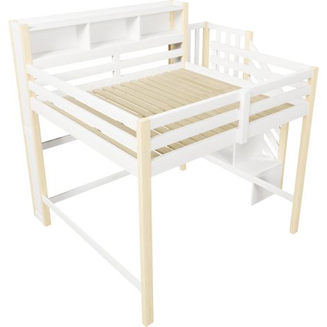 Cama alta 140x200 cm con LED, almacenaje integrado, escalera con estantes, blanco y natural (1/5)