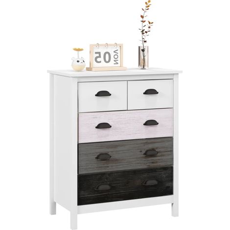 Sideboard mit 5 Schubladen, lackiert, weiß, 70 x 38 x 85 cm, MDF und Kiefernholz, Aufbewahrungsmöbel fürs Wohnzimmer