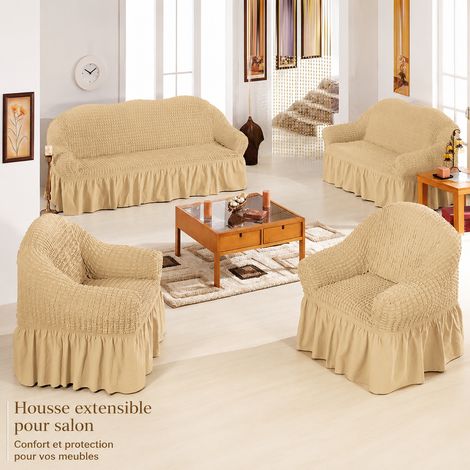 Housse de canapé extensible tissu gaufré beige avec jupe pour 3 places et méridienne réf 8233 36 × 25 × 20 cm 2,2 kg – Livraison gratuite