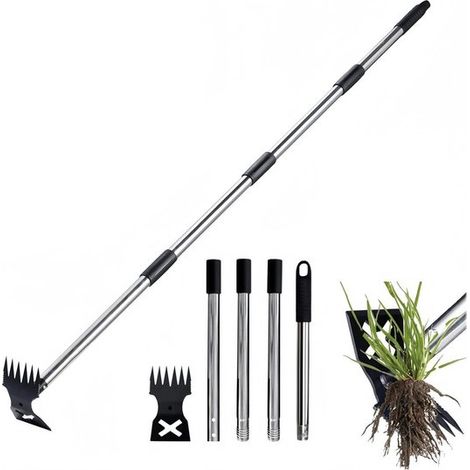 Désherbeur à long manche de 147 cm - Râteau à main et outil à foin 2 en 1 - Pour jardin, terrasse, pelouse et potager (1/4)
