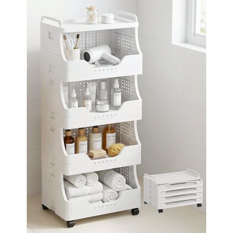 Chariot de Rangement Pliable à roulettes, 4 Niveaux, desserte Mobile avec Plateau supérieur, Chariot de Salle de Bain avec poignées, pour Cuisine, buanderie, Rangement Maison (Blanc) (1/5)
