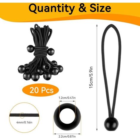 25 Stück elastische Bungee-Seile, 150 mm flexibles Gummiband, Kugel-Bungee-Seile, strapazierfähige Gummiseile, für Banner, Planen, Camping, Zelte (Schwarz) (1/5)