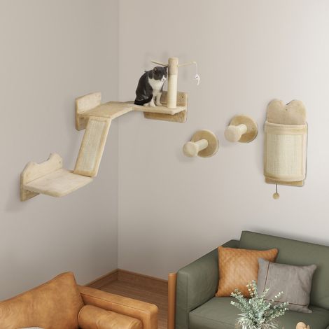 Étagères murales pour chat, ensemble de meubles muraux pour chat, lot de 4 pièces, avec teasers, balle de jouet, beige (1/5)