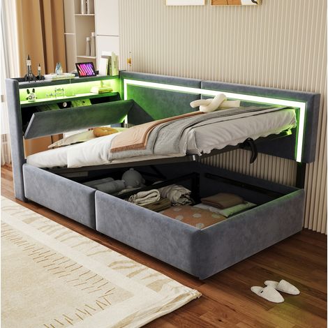 Bett Schlafsofa modern 90x200 cm aus Samt Grau mit Kopfteil-Stauraum, LED, USB und hydraulischem Bettkasten (1/5)