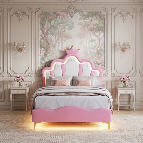 Lit enfant 90 x 190 - Avec Sommier à lattes - LED intégrée - Tête de lit réglable - lit fille - Lit simple - Rose (1/5)