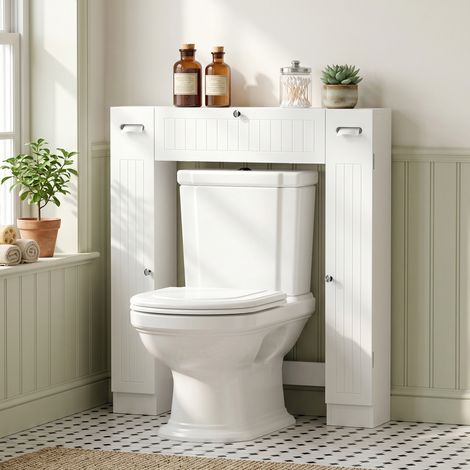 Meuble WC dessus de toilette avec 2 placards, tiroir basculant, porte-papier et étagères réglables, blanc (1/5)
