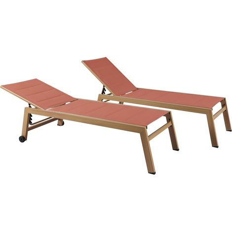 Lot de 2 bains de soleil effet bois inclinable avec roues terracotta