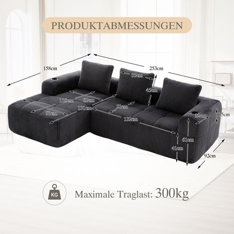 Canapé compact velours côtelé,doux et modulaire,poche latérale,porte-gobelet,3 coussins,idéal pour salon et bureau. Gris foncé (1/5)