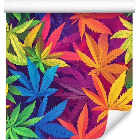 Papier peint à motifs de feuilles de chanvre colorées (violet, bleu et vert) 50 x 1000 cm (1/5)
