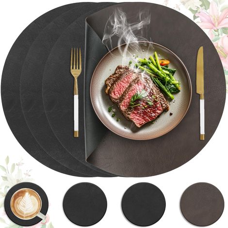 Set de table lavable antidérapant, lot de 4 en cuir PU double face, rond 36x36cm, marron foncé et noir. (1/5)