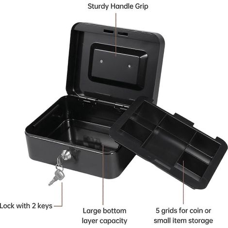 Caisse avec insert amovible, 2 clés incluses, pour pièces, reçus et objets de valeur