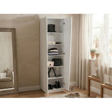 Dmora - Armario Multiusos Dheft, Zapatero con 2 puertas y 5 estantes, Mueble multifuncional, 100% Made in Italy, cm 60x38h200, Blanco brillante (1/4)