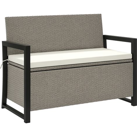 Panchina da Giardino 2 Posti con Cassapanca da 151.5L in Rattan con Schienale, Braccioli e Cuscino, Crema