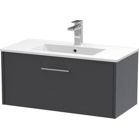 Winshill Contemporary 1 Drawer Wall Hung Vanity Unit with Minimalist Basin, Woodgrain Dark Grey, 800mm