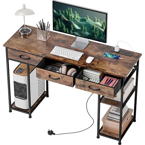 120cm Computer Desk with Power Outlets, Office Desk Study Table with Fabric Drawers Storage Shelves, Rustic Brown (1/5)