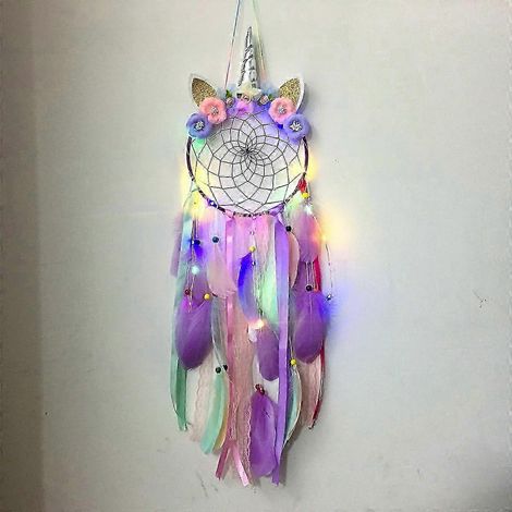 Attrape-rêves licorne avec lumière LED colorée pour chambre d'enfant (rose) - Décoration murale à suspendre - Cadeau idéal pour les fêtes (1/4)