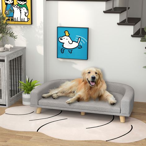 Divano per cani di taglia grande fino a 30 kg, imbottito, con gambe in legno di pino, 98 x 67 x 25 cm, grigio.
