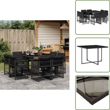 9-tlg. Garten-Essgruppe mit Kissen Schwarz Poly Rattan - Gartentisch - Gartenmöbel Set - Outdoor Möbel - Esstisch - Gartenstühle (1/5)