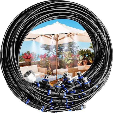 Sistema de nebulización, Juego de 34 piezas, Manguera de 5 m, Ajustable, Incluye 5 conectores en T, 5 conectores rápidos, 1 tapón, patio (1/5)
