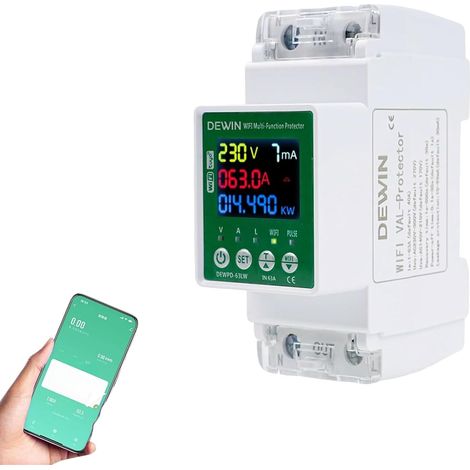 Compteur d'électricité DIN Rail WiFi, Intelligent WiFi AC Compteur avec protection contre les fuites Protection contre les surtensions et les sous-tensions 63A AC 230V (1/5)