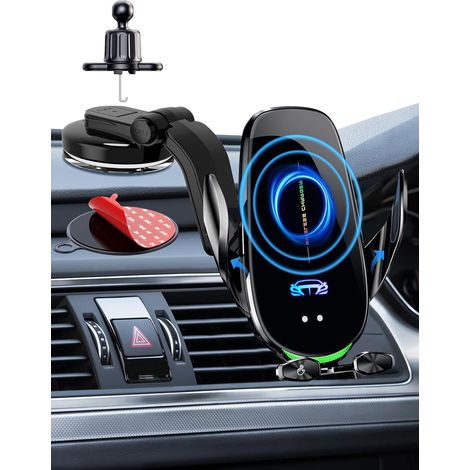 Support de chargeur de voiture sans fil Qi 15 W avec charge rapide, auto-agrippant, support de téléphone portable pour voiture, prise d'air, pare-brise, tableau de bord, bras long, ventouse (1/5)