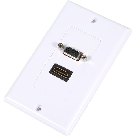 Plaque murale blanche avec connecteurs HDMI et VGA femelles pour transmission audio-vidéo (1/4)