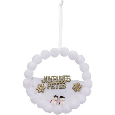 Paris Prix - Sujet De Noël couronne Pompons 14cm Blanc